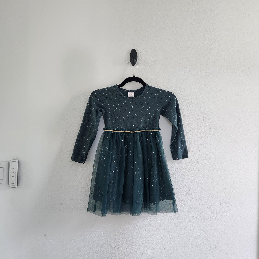 Girls Green Gold Star Tutu Dress Long Sleeve Holiday Size 5